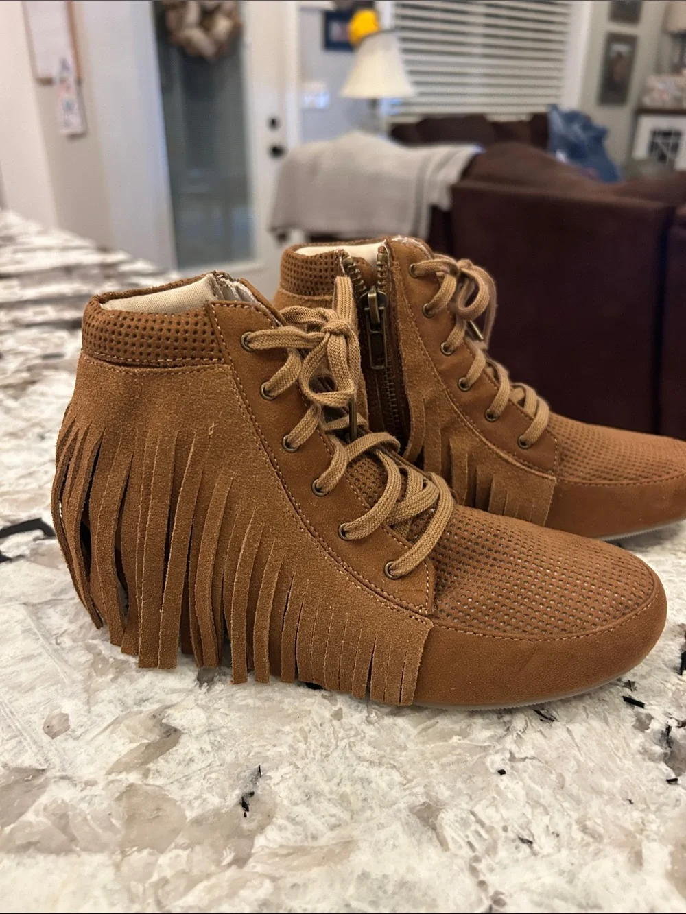 Women’s Fringe Suede High-Top Sneakers - Tan